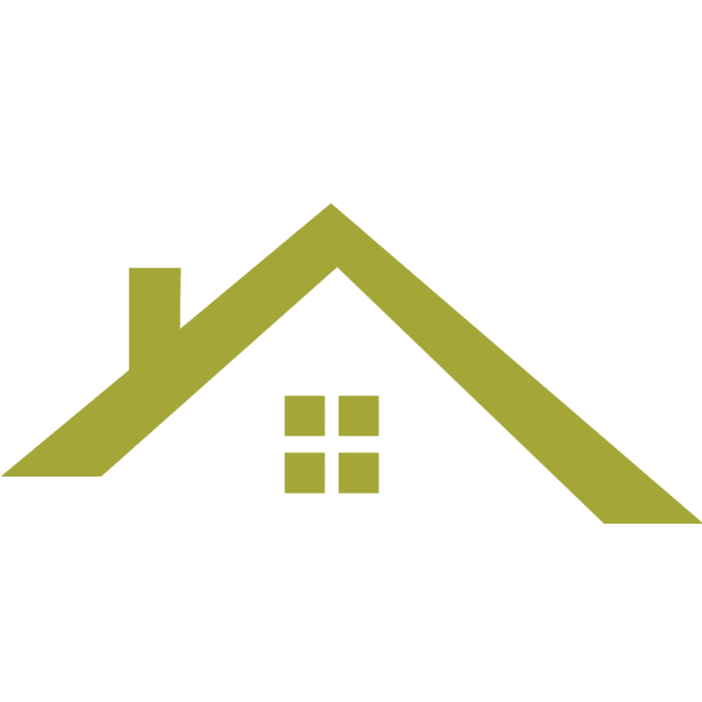Simple graphic of a house roof with a chimney and a four-pane window beneath, all in olive green on a transparent background.